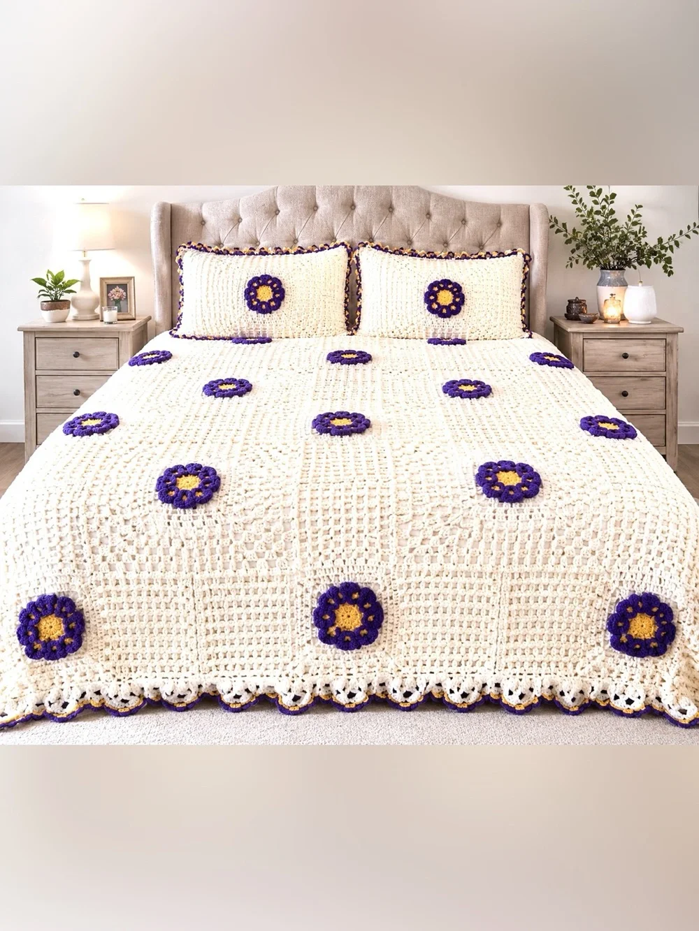 Hand Crocheted King Bedspread Blanket Set w/ 2 Matching Shams Vintage Floral